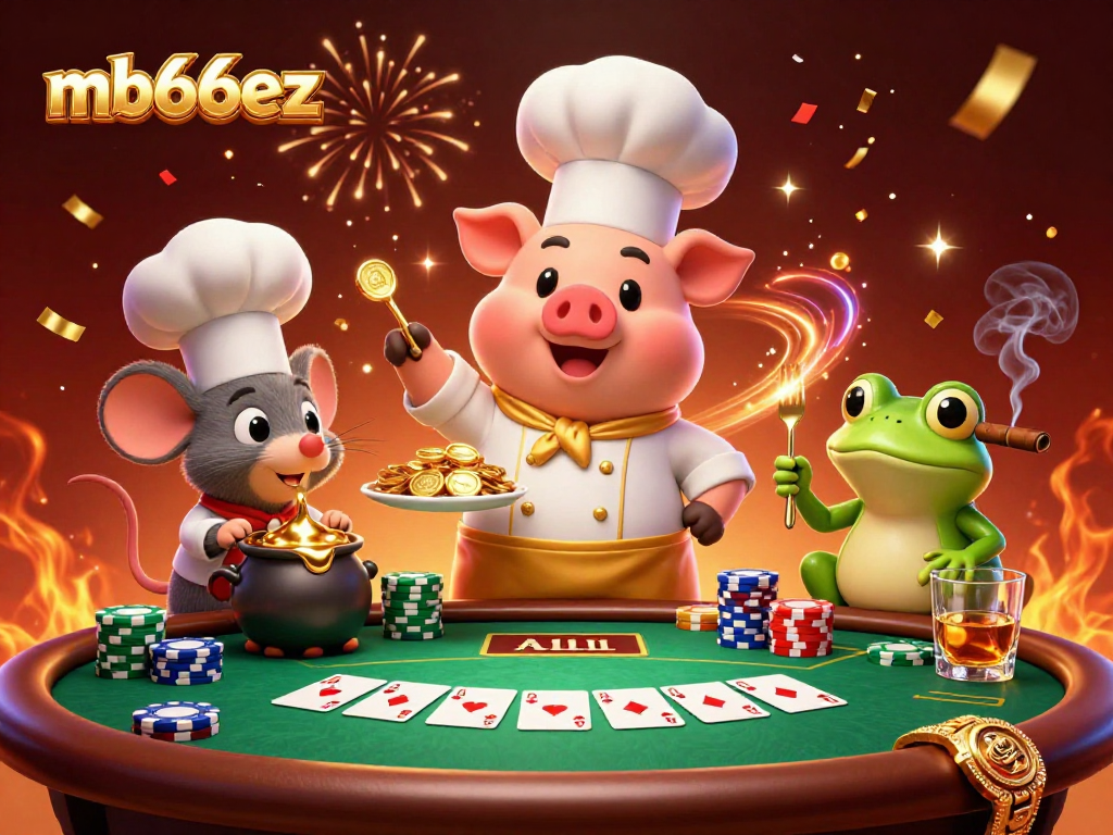 Engage with mb66ez as a chef pig serves gold coins amidst a vibrant poker scene.