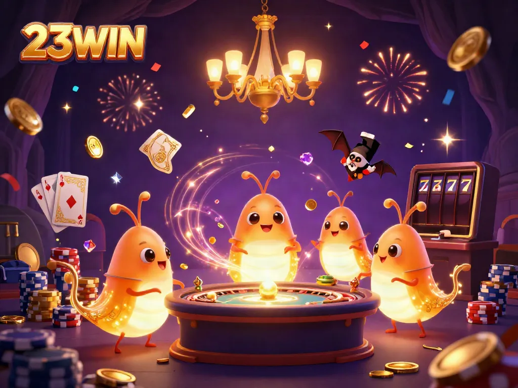Experience the excitement of 23WIN in a vibrant casino scene with glowworms and a bat dealer.