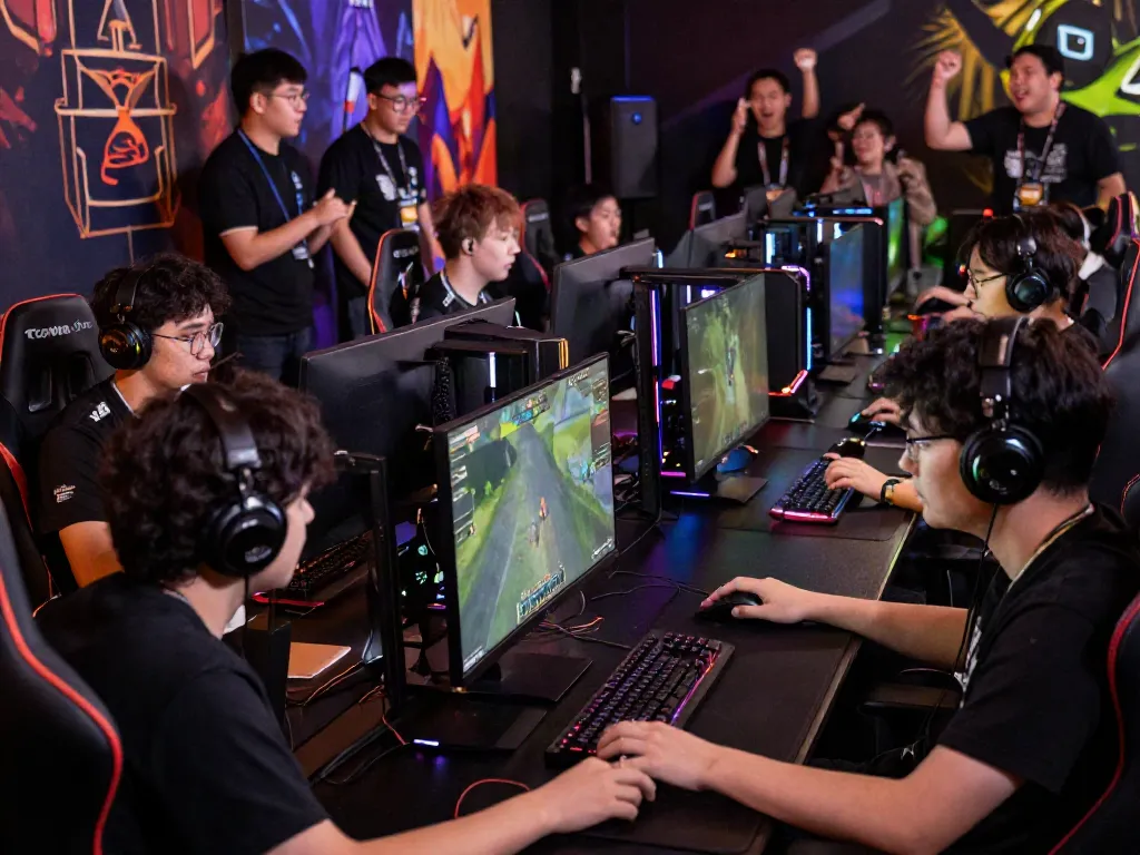 Esports athletes competing in a juraganbola tournament with vibrant setups