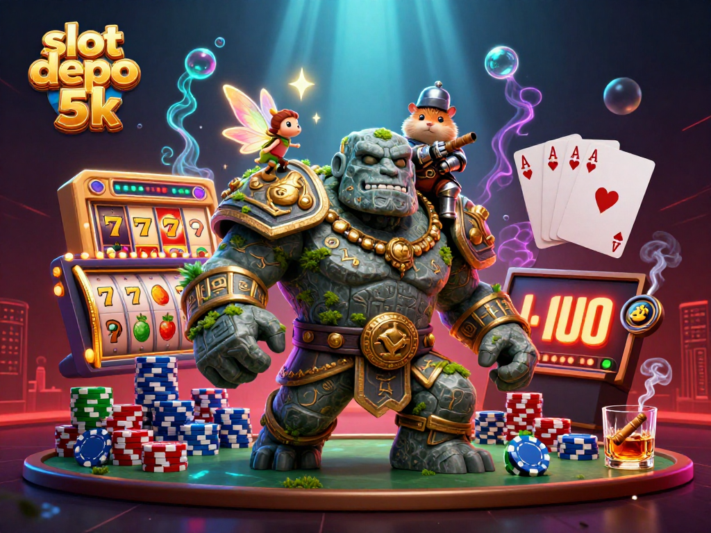 Engage in the thrilling casino world with slot depo 5k, featuring vibrant slot reels and animated characters.