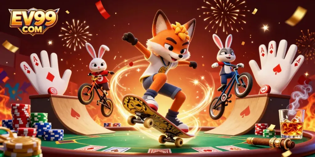 Skateboarding fox and BMX rabbit thrive in a vibrant casino scene at EV99 COM.