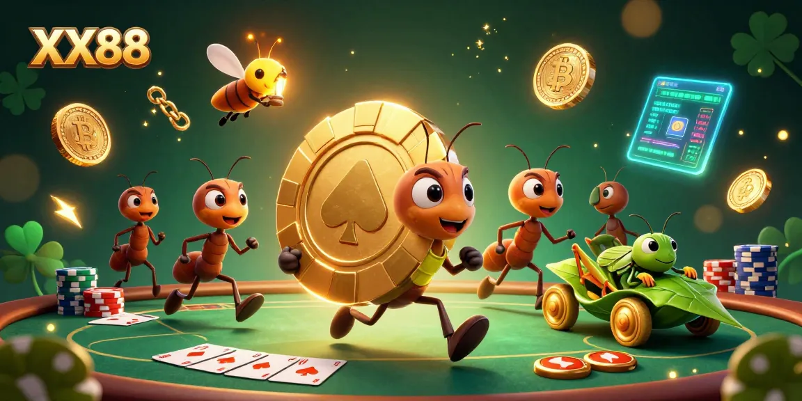 Experience a thrilling heist at XX88, where ants transport a giant poker chip in an exciting casino scene.