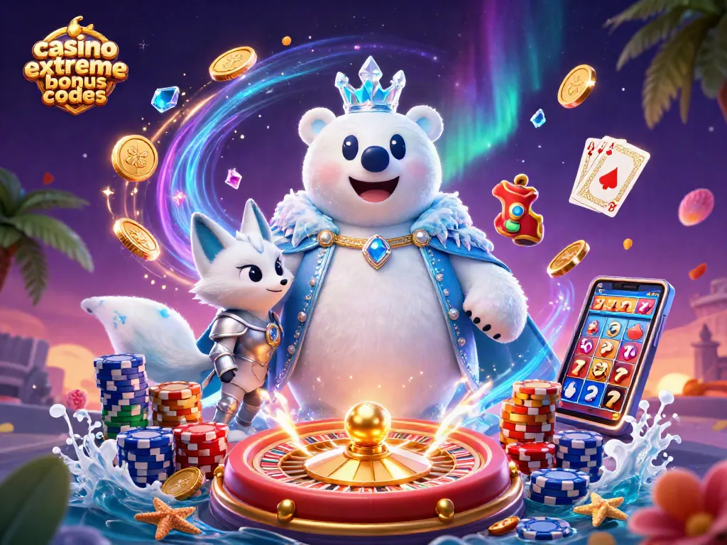 Play casino extreme bonus codes with dynamic 3D illustration of a polar bear king and snow fox amidst coins and casino elements.