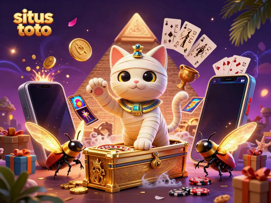 Experience situs toto with a mummy cat and scarab beetle in a vibrant casino setting.