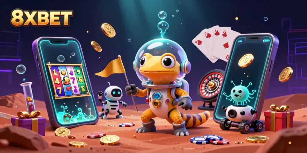 Experience a dynamic gambling adventure with 8XBET as a Martian gecko uncovers a hidden casino in a fun 3D illustration.