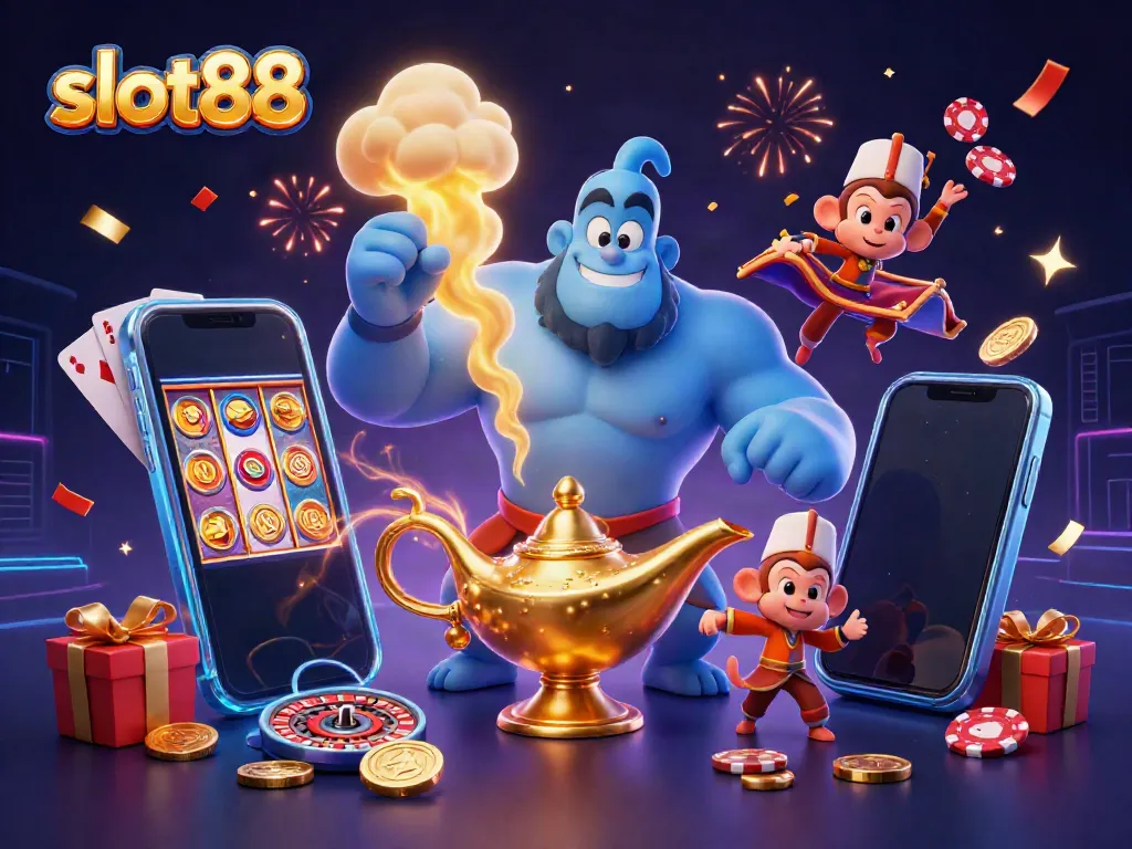 Menangkan jackpot di slot88 dengan genie biru bersemangat antara koin emas dan kartu permainan.