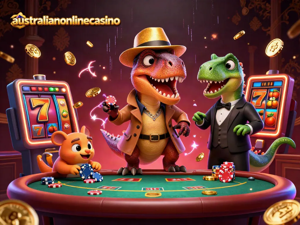 Engaging scene showcasing a velociraptor card counter at a blackjack table in a vibrant australianonlinecasino setting.