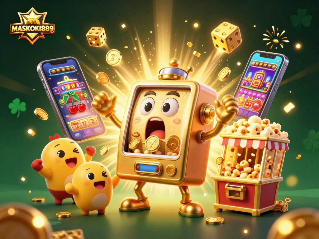 Experience the excitement of MASKOKI889 with a dazzling jackpot celebration in a vibrant casino scene.