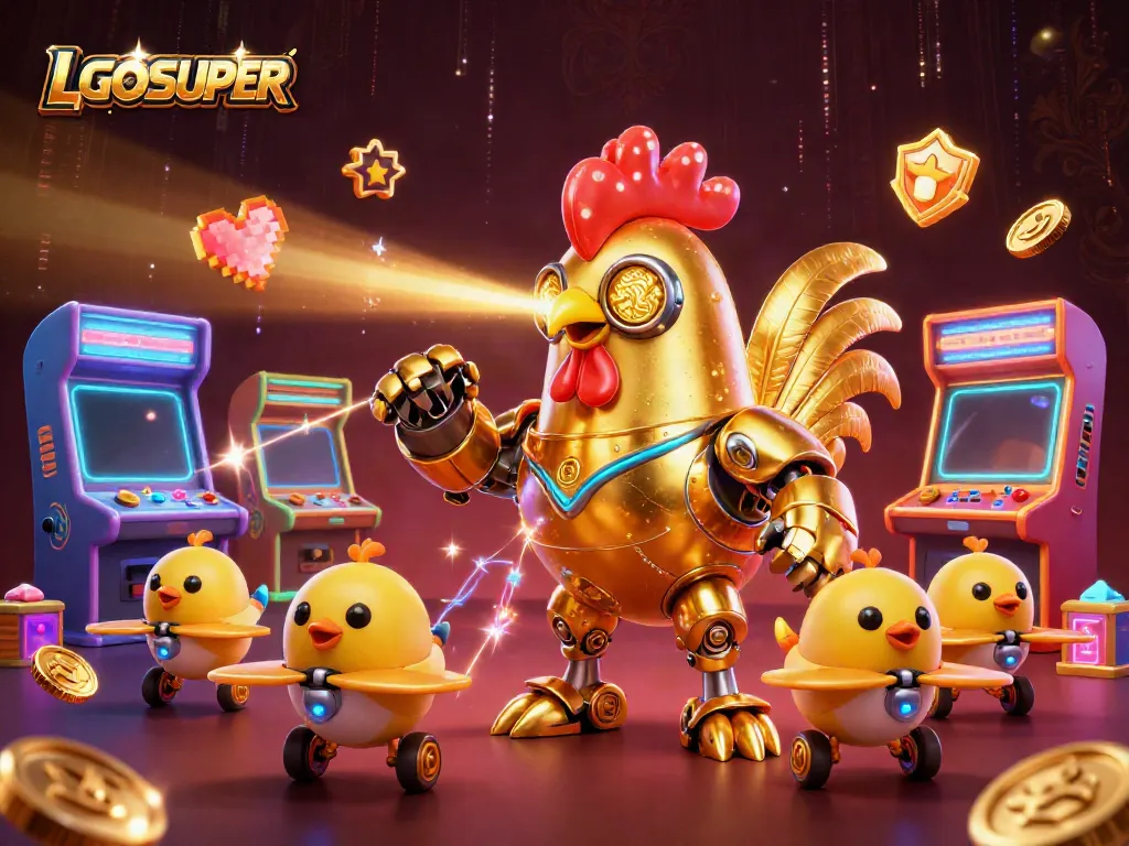 Engage in thrilling gaming at LGOSUPER with a vibrant scene of arcade games and a futuristic rooster robot.