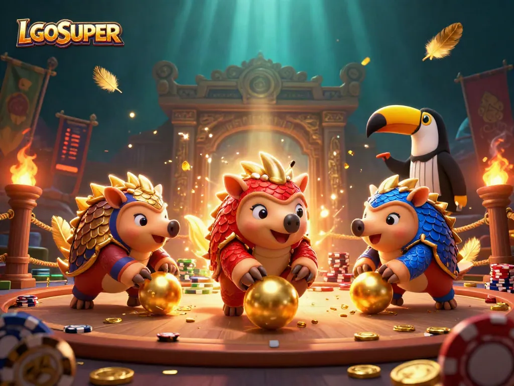 Engage with LGOSUPER's thrilling casino scene featuring rival pangolins competing over golden poker chips.