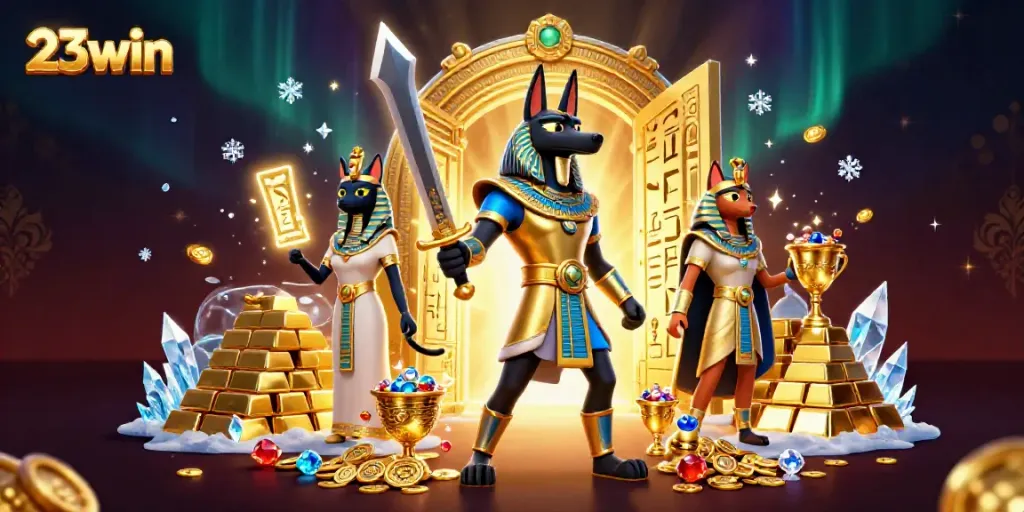Experience the thrill of 23win with ancient Egyptian characters and gambling treasures.