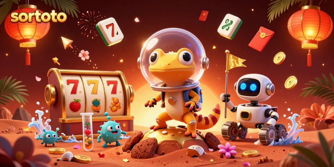 Menyaksikan sortoto dengan gecko alien dan robot meneliti kasino emas di Mars, dikelilingi elemen judi menarik.