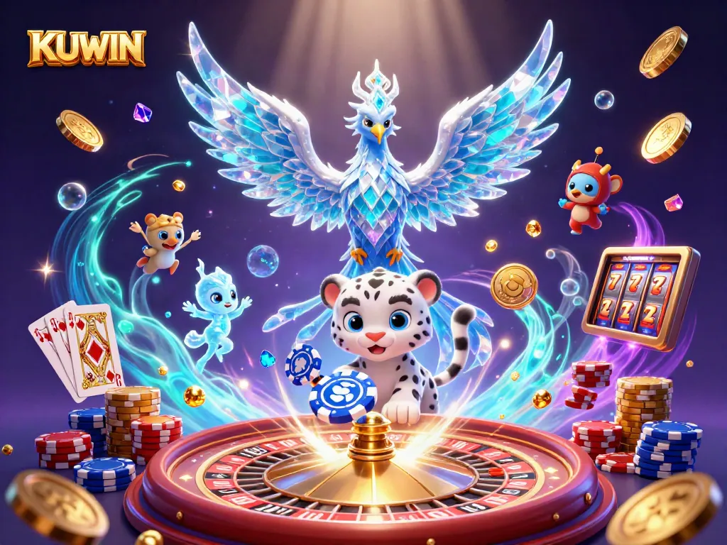 Unlock thrilling games at KUWIN, featuring a vibrant casino scene with colorful characters and dynamic gaming elements.