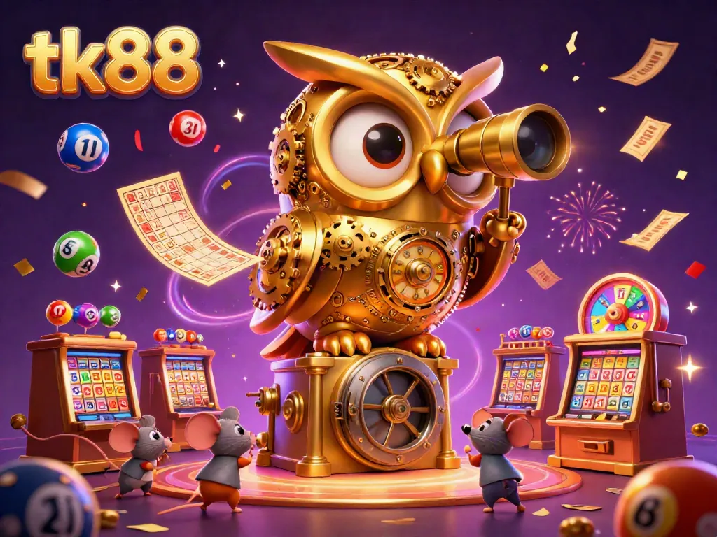 Experience thrilling slots at tk88 with a massive golden owl and vibrant prize elements in a colorful casino backdrop.