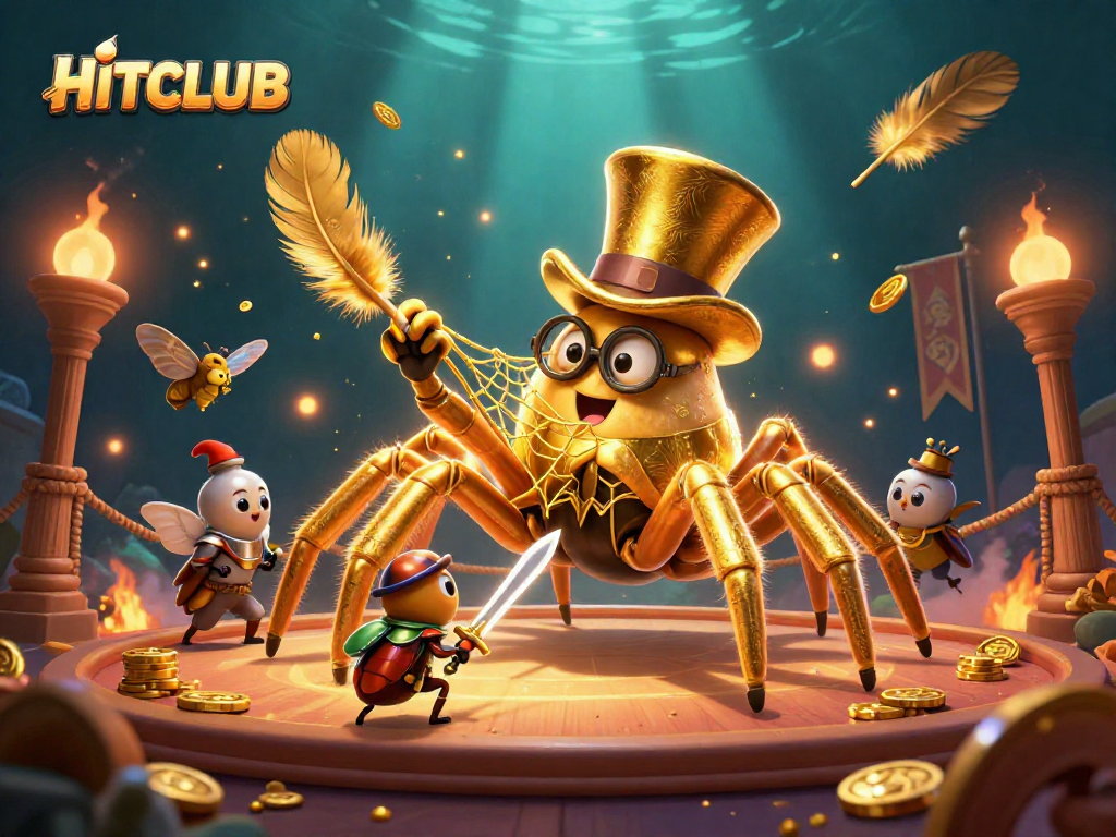 HITCLUB showcases a golden tarantula and beetle knight in an engaging casino battle scene.