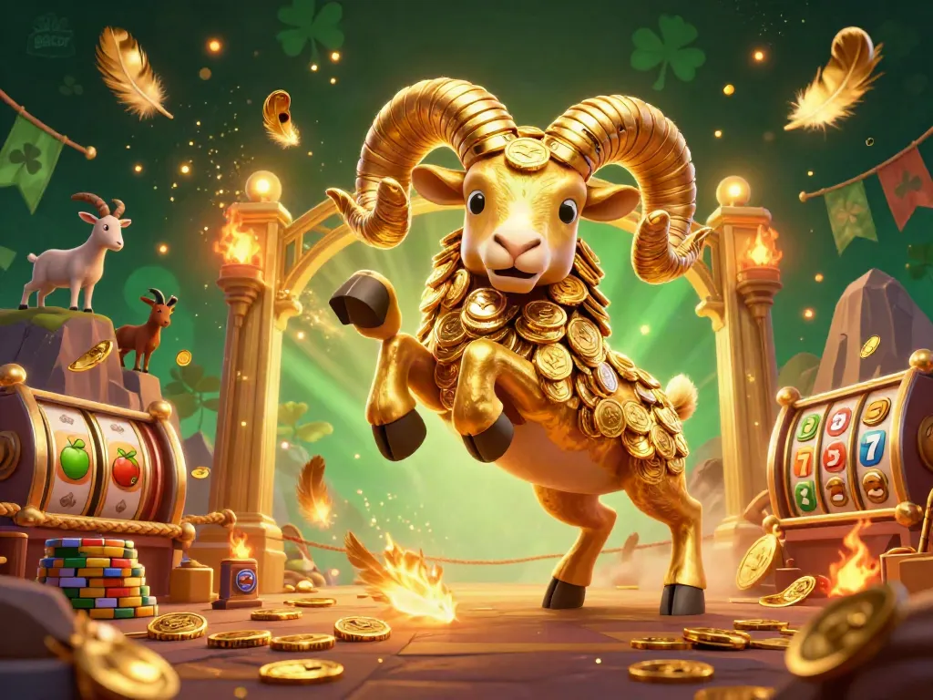 Feel the excitement of slot gacor with a 3D illustration of a golden ram charging at a jackpot.
