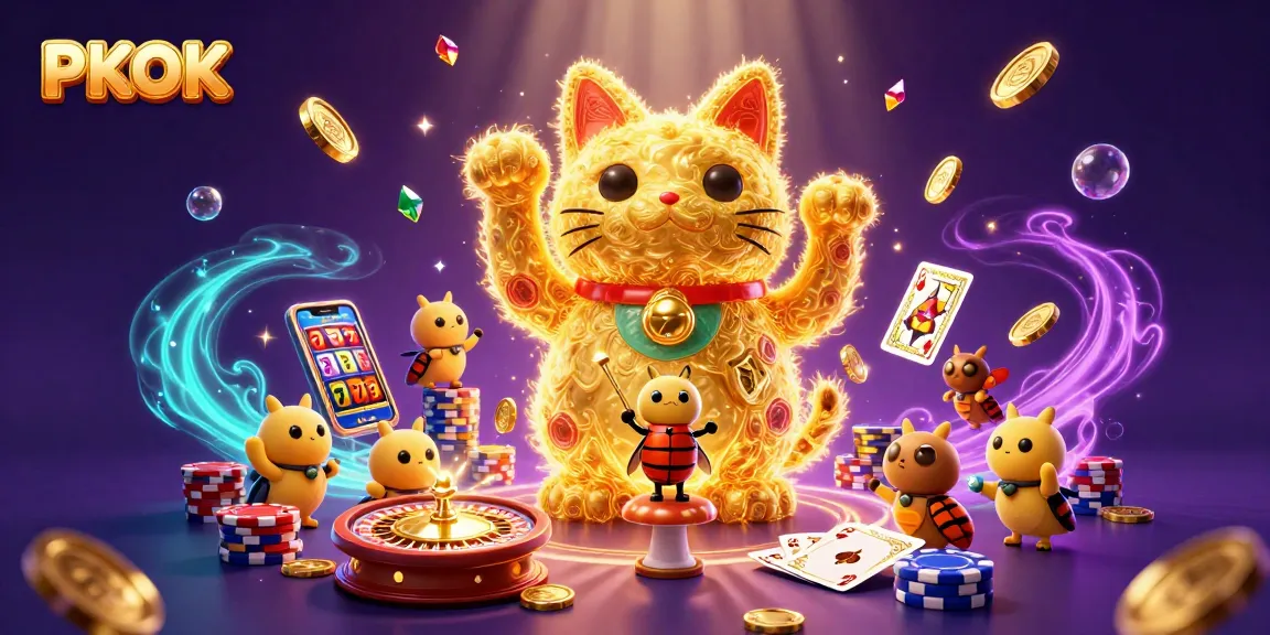Engage with PKOK's stunning casino experience through vibrant 3D illustration of luck and fortune.