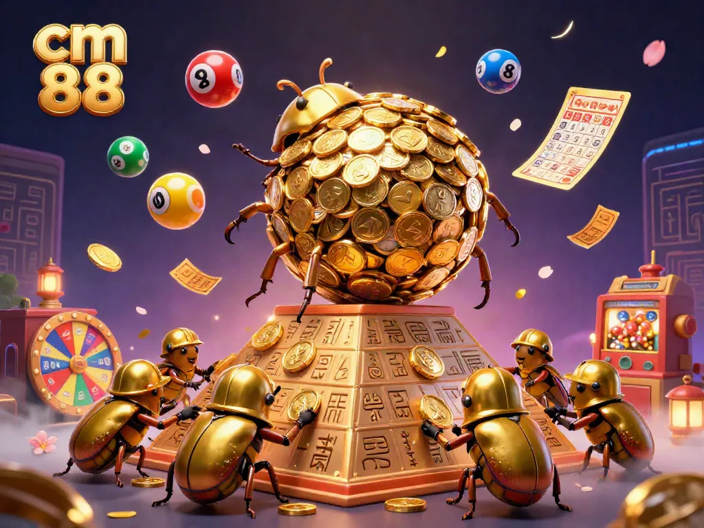 Experience the excitement of gambling with cm 88 in a vibrant 3D scene featuring golden beetles and lottery elements.