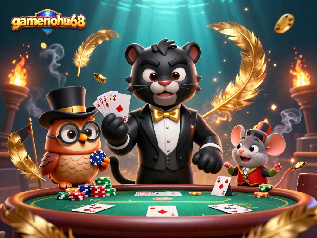Engage with gamenohu68's vibrant poker scene featuring a stylish panther dealing cards.