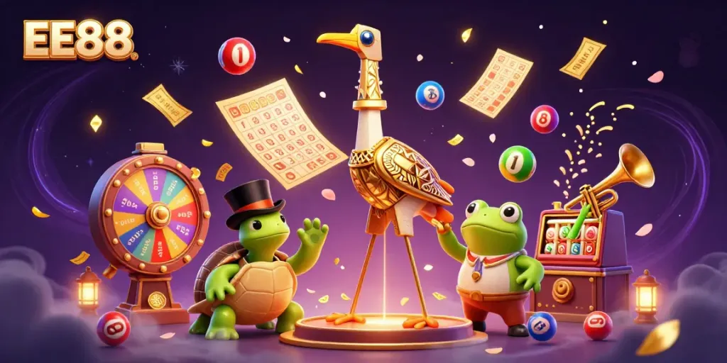 Engage with the vibrant world of EE88, featuring a unique 3D scene of fun characters and dynamic casino elements.