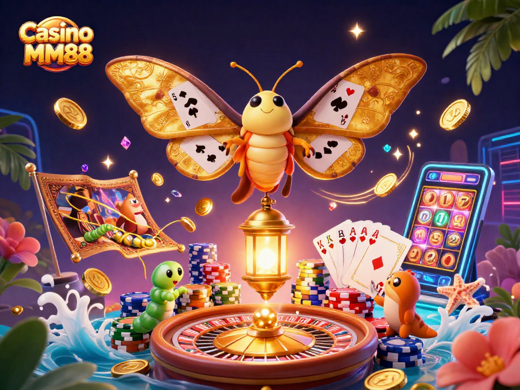 Experience vibrant gaming adventures at Casino MM88 with golden coins and vibrant casino elements.