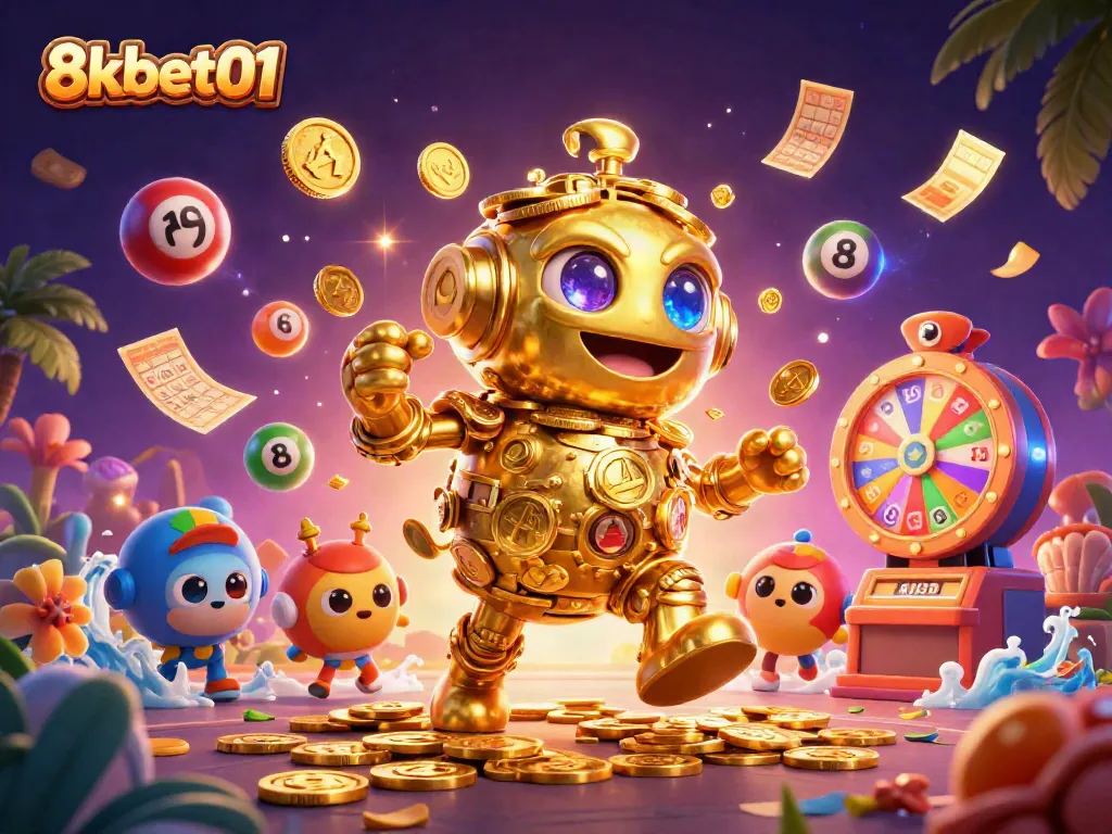 Experience the excitement of 8xbet01 with a vibrant 3D illustration of a golden golem surrounded by lottery elements.