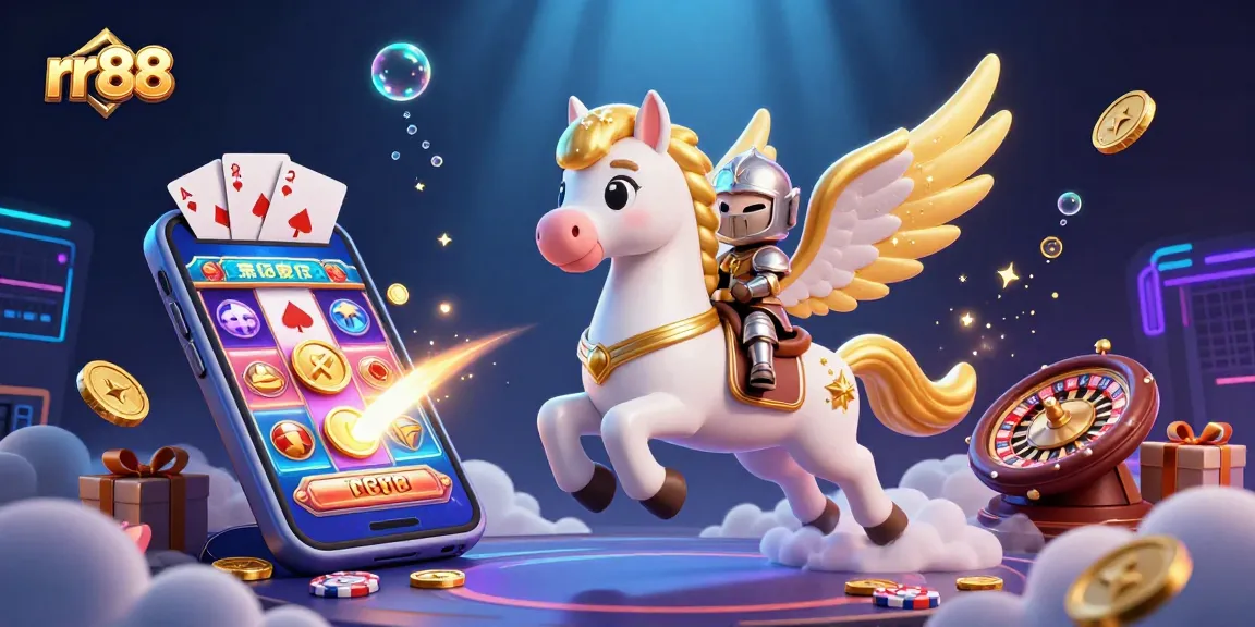 Experience thrilling rr88 slots with a celestial knight on a golden winged horse amidst exciting game elements.