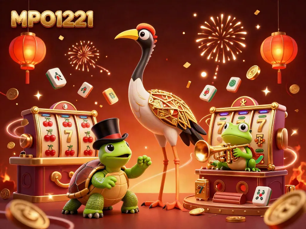 Experience the excitement of MPO1221 with vibrant casino characters and thrilling slots in a dynamic illustration.
