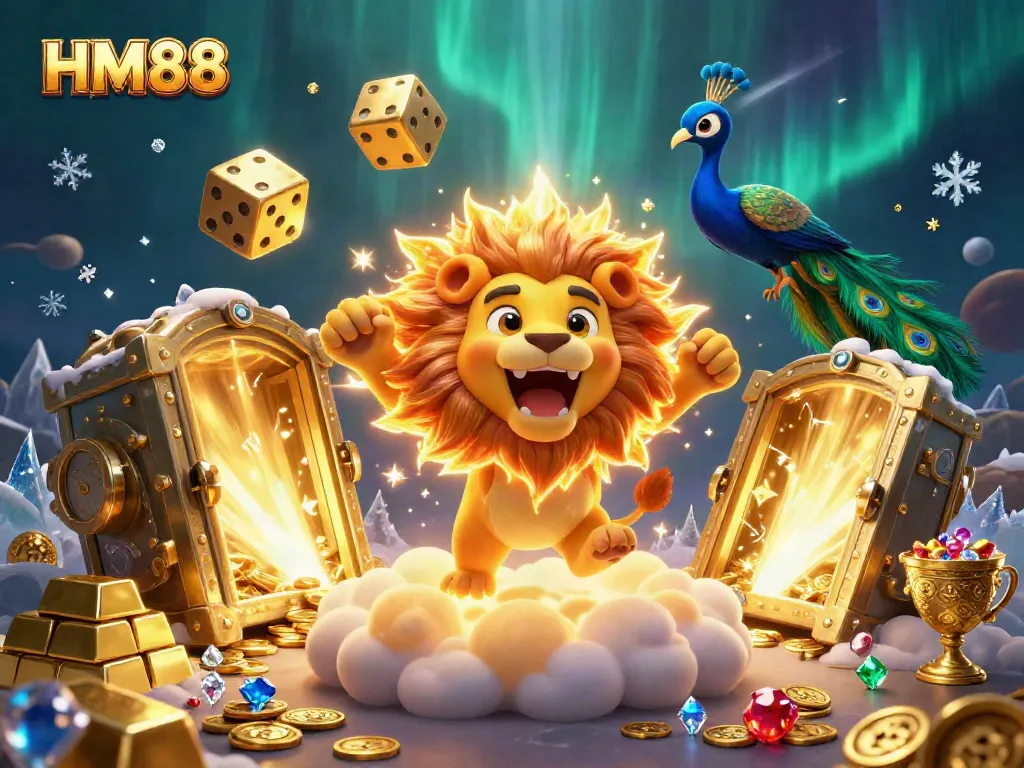 Spin to win with HM88's thrilling casino experience, featuring dazzling gold and vibrant characters.