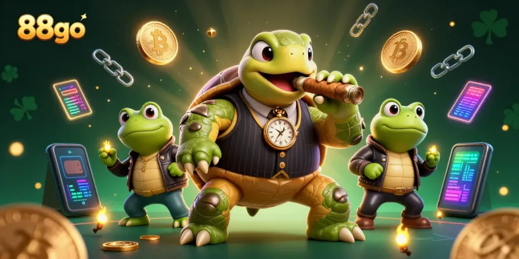 88go showcases a vibrant 3D cartoon casino scene with a snapping turtle and bullfrog enforcers amid dynamic gaming elements.