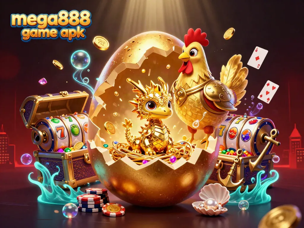 Experience the thrilling mega888 game apk with golden dragon, poker chips, and vibrant casino elements.