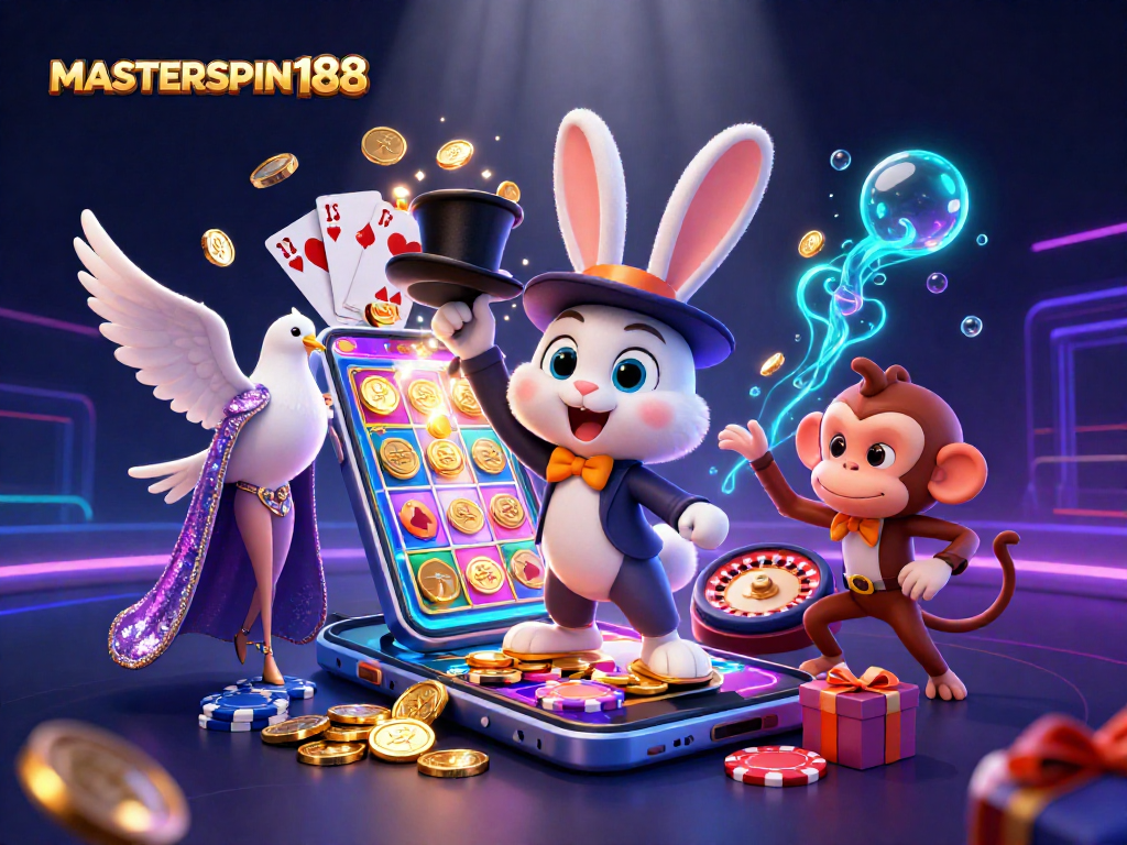 MASTERSPIN188 captivates with a dazzling scene of a magician rabbit and gambling elements.