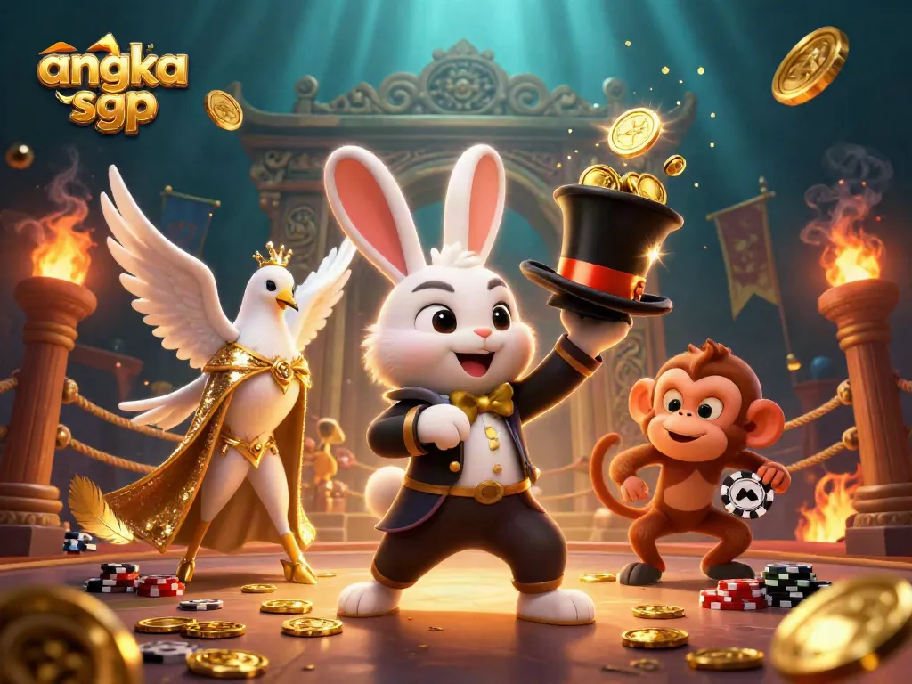 Bermain angka sgp dengan ilustrasi magis, kelinci penarik koin, dan kera iseng di arena taruhan online.