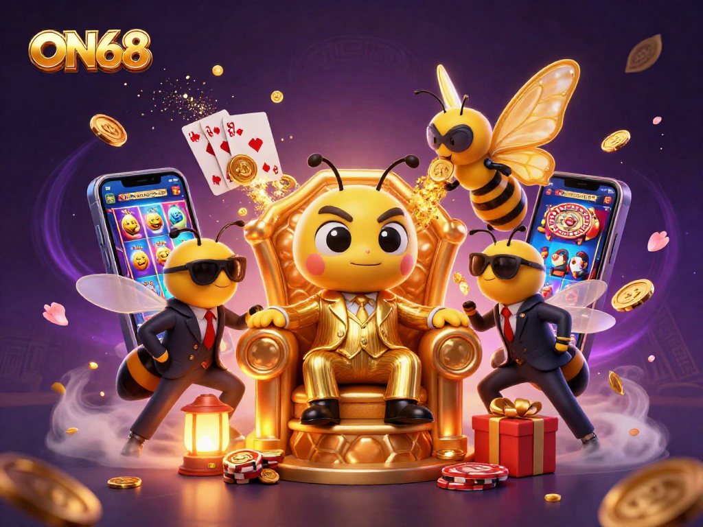 Engage with ON68's stunning gaming experience featuring a 3D bumblebee mob boss and dynamic slot games.