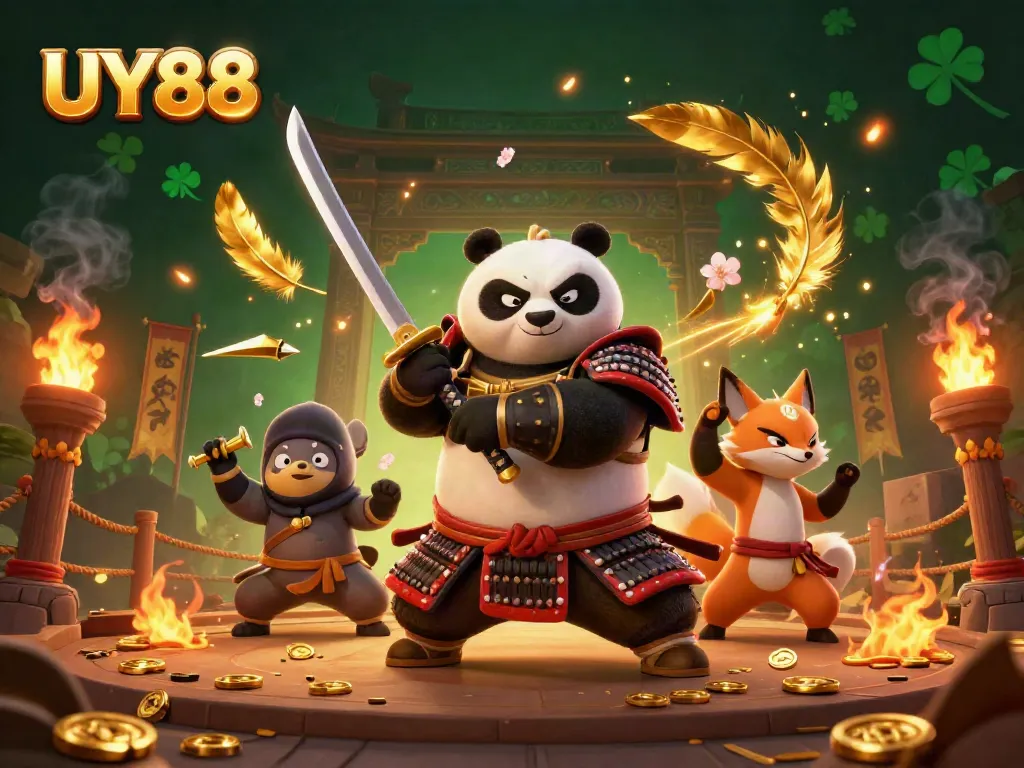 Experience thrilling action with UY88's vibrant 3D samurai panda and ninja fox, capturing the essence of online gaming.