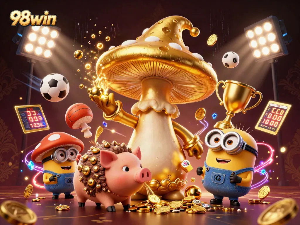 Join the excitement of 98win with a magical golden scene showcasing sports betting treasures.