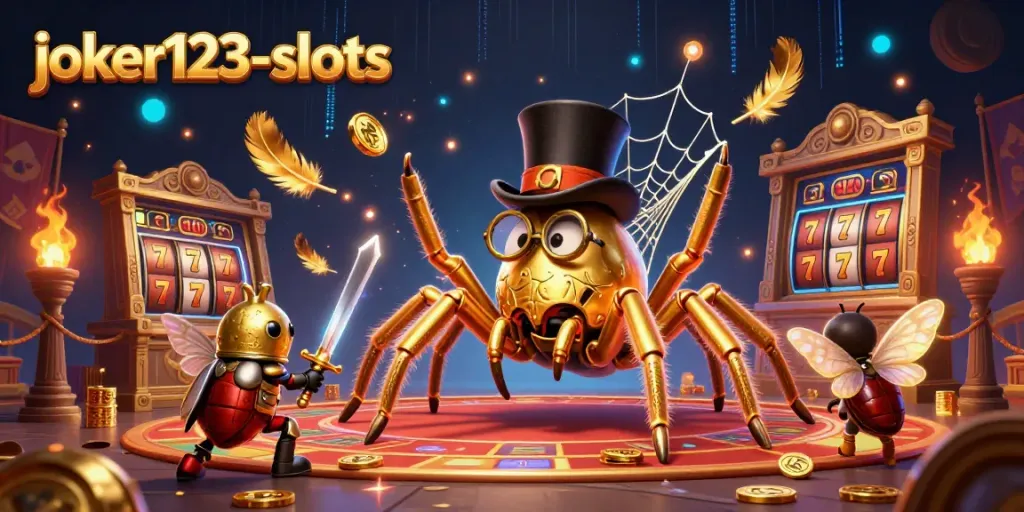 การแสดงออกของ joker123-slots พร้อมแมงมุมทองในหมวกทรงสูงและอัศวินด้วงนำเข้ามาในฉากคาสิโน