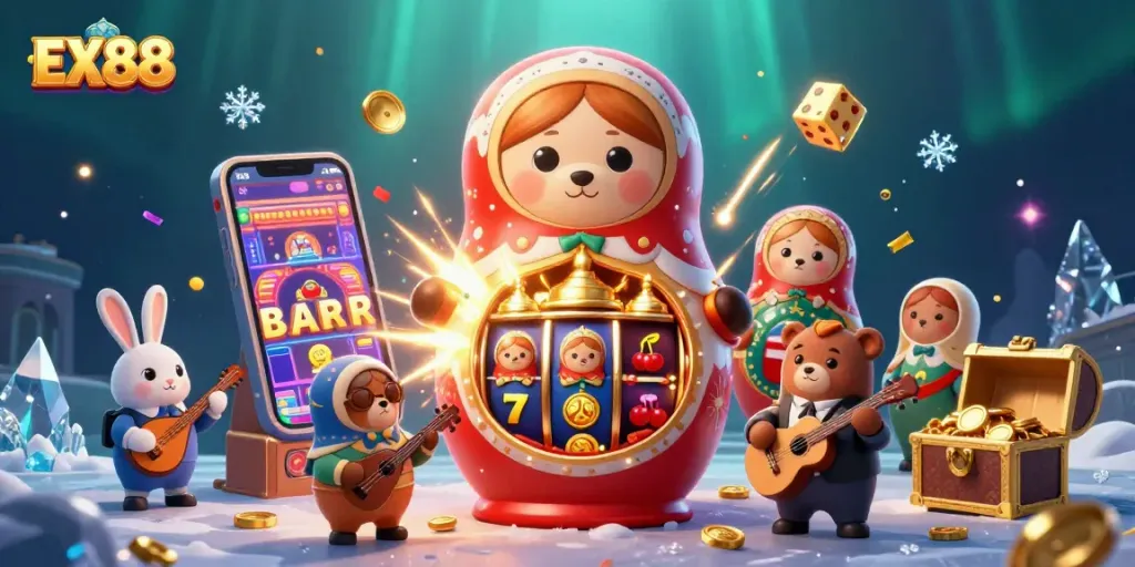 Exciting EX88 casino scene with cartoon bears and vibrant gaming elements exploding with winnings.