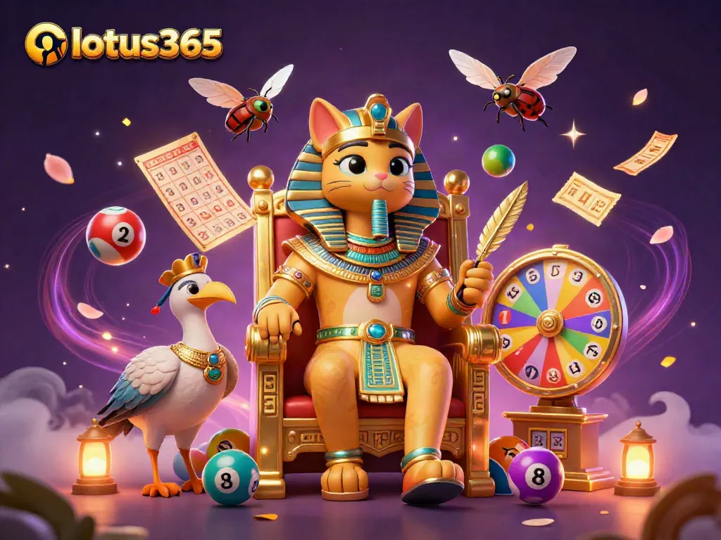 Experience the excitement of lotus365 with a vibrant 3D illustration featuring a pharaoh cat, lottery elements, and energetic game dynamics.