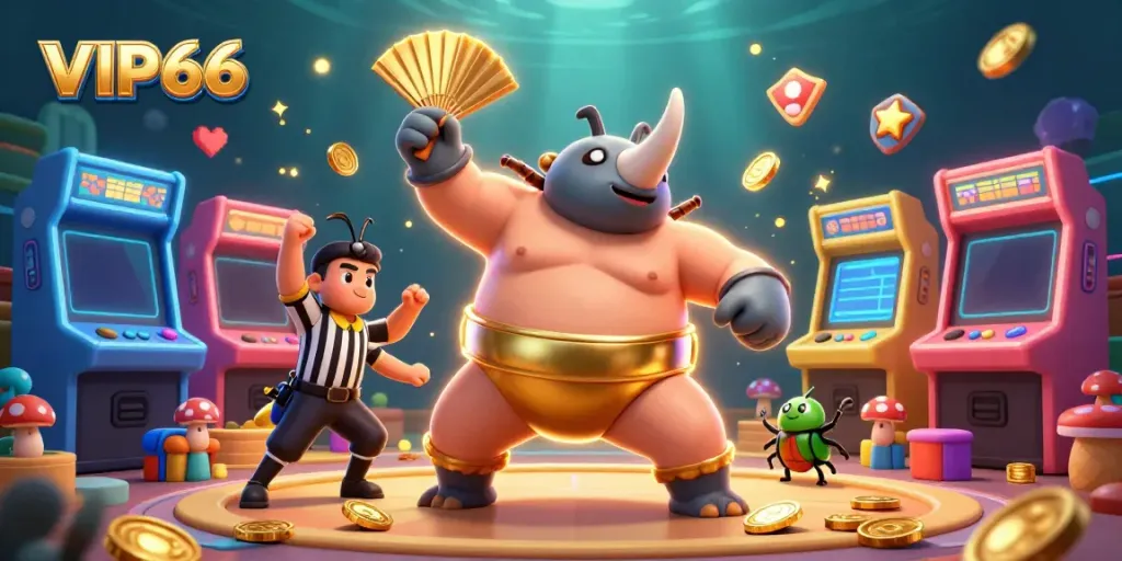 Experience vibrant gaming action with VIP66 featuring a rhinoceros beetle sumo champion amidst flying coins and arcade games.