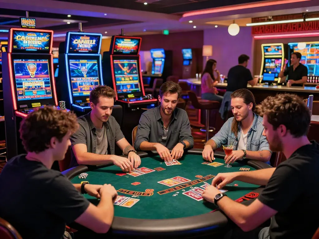 Casino News updates in a lively atmosphere at a vibrant casino with players enjoying various games.