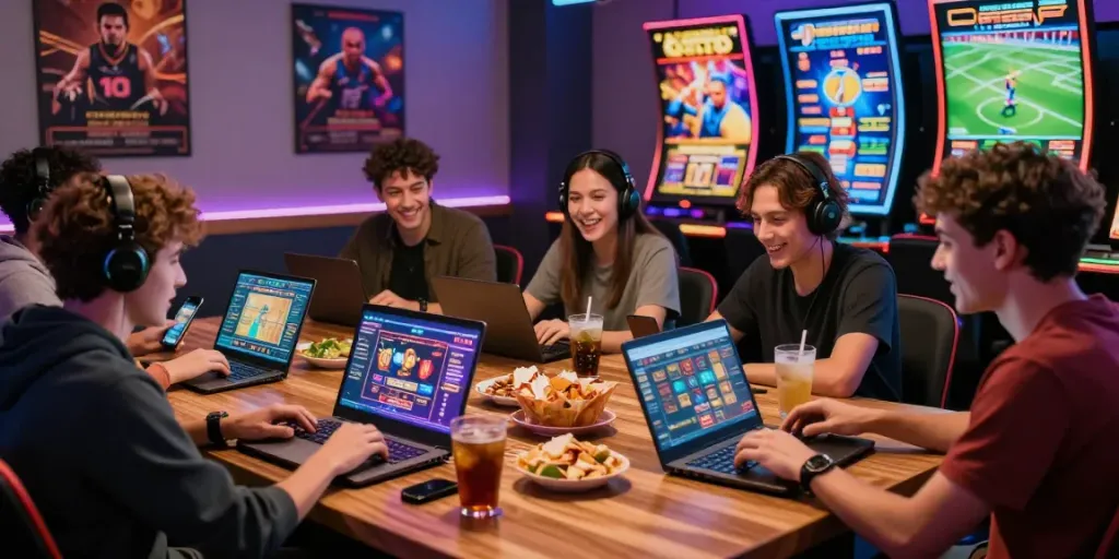 Exciting gaming scene featuring friends engaged with lotus365 online betting.