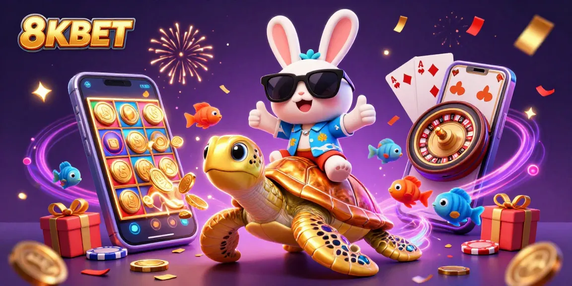Experience excitement at 8KBET with a cartoon rabbit and turtle celebrating rich casino gameplay.