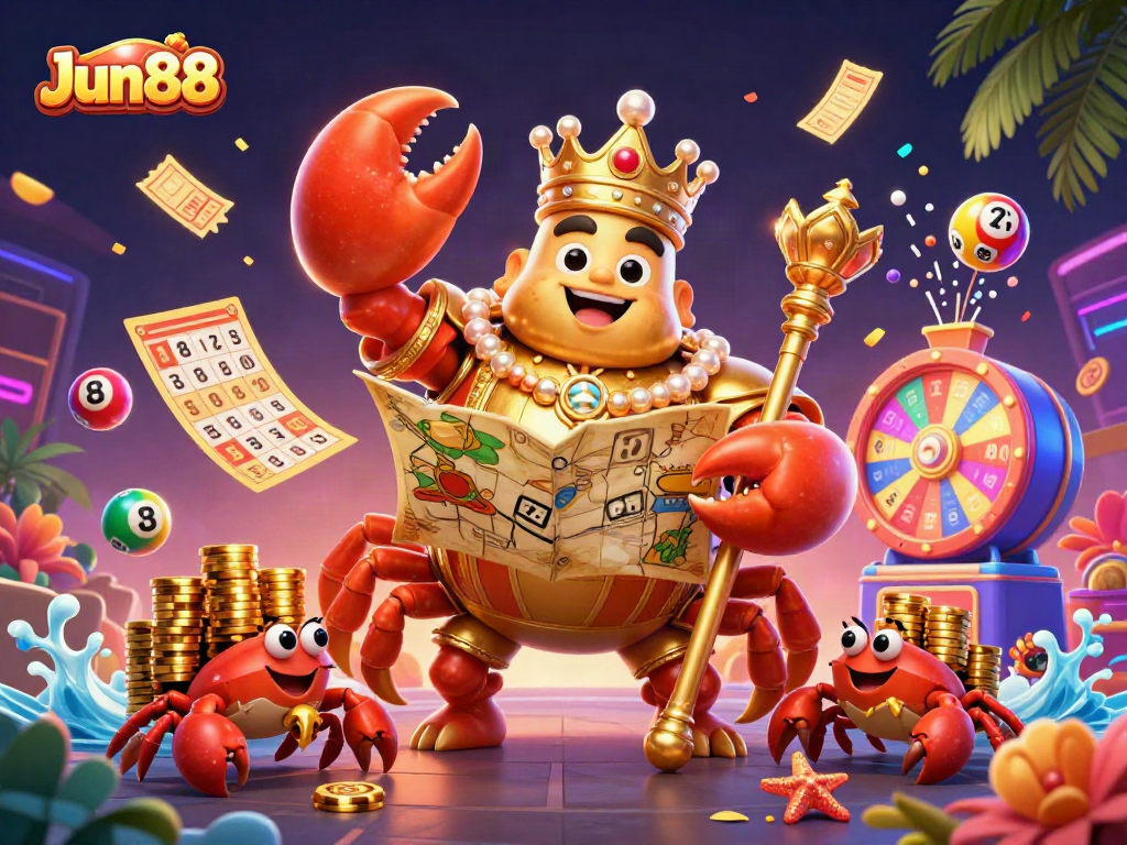 Experience exciting wins with Jun88, featuring vibrant casino elements and characters in a dynamic illustration.