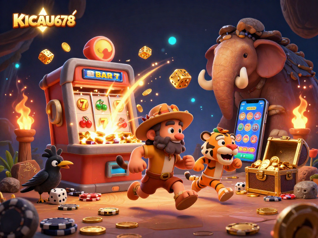 KICAU678 shows a dynamic prehistoric casino scene with a caveman, sabertooth tiger, and crow, amidst slot machines and confetti.
