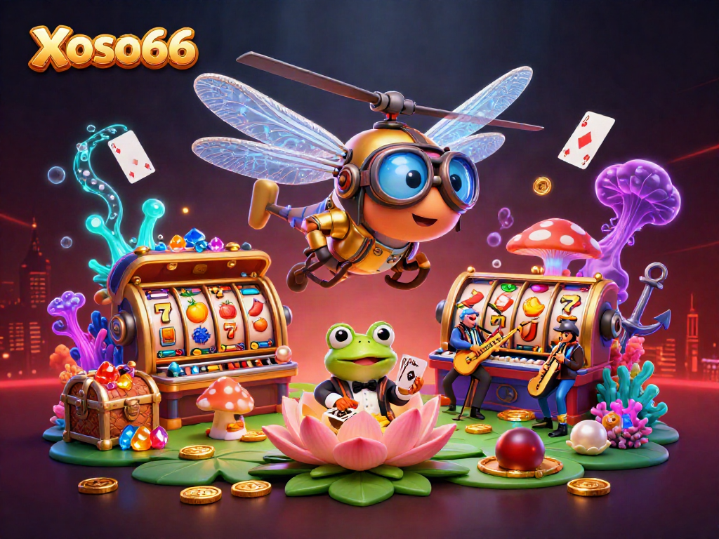 Xoso66 ignites excitement with a vibrant scene of a dragonfly pilot and frog croupier playing casino games.