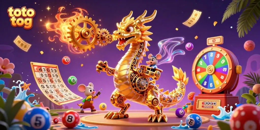 Engage in exciting lottery action with toto tog as a golden dragon and tiny engineer amidst colorful elements.