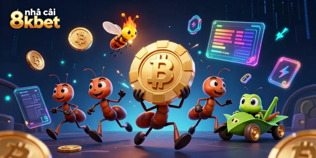 Engaging visual of nhà cái 8kbet depicting a whimsical heist scene with ants, poker chips, and crypto elements.