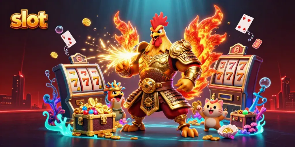 Slot otomatis dengan ayam jantan, naga, dan simbol keberuntungan dalam suasana kasino.
