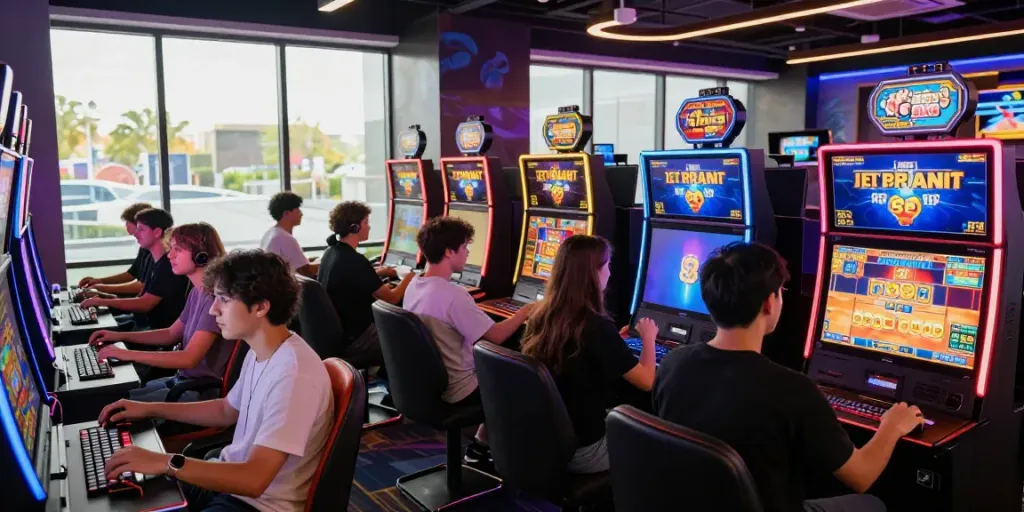Players enjoying various slot games in a vibrant gaming hub at Bro138, focusing on excitement and engagement.